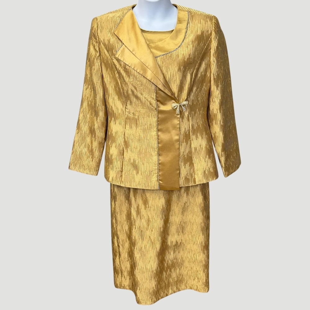 Elite Champagne Skirt Suit Womens 12 Gold Jacket Top Rhinestone Formal 3 Piece